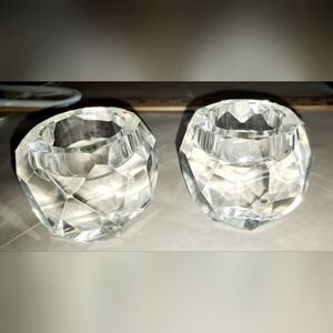 Vtg Set 2 Oleg Cassini Faceted Crystal Ball Candle Holder Glass Votive Signed